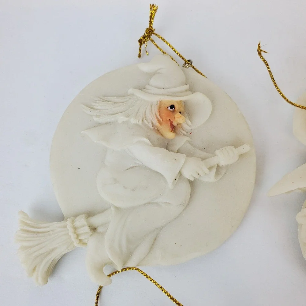 4 Vintage Witch Scarecrow Pumpkin Ceramic Resin Halloween Ornaments Off White